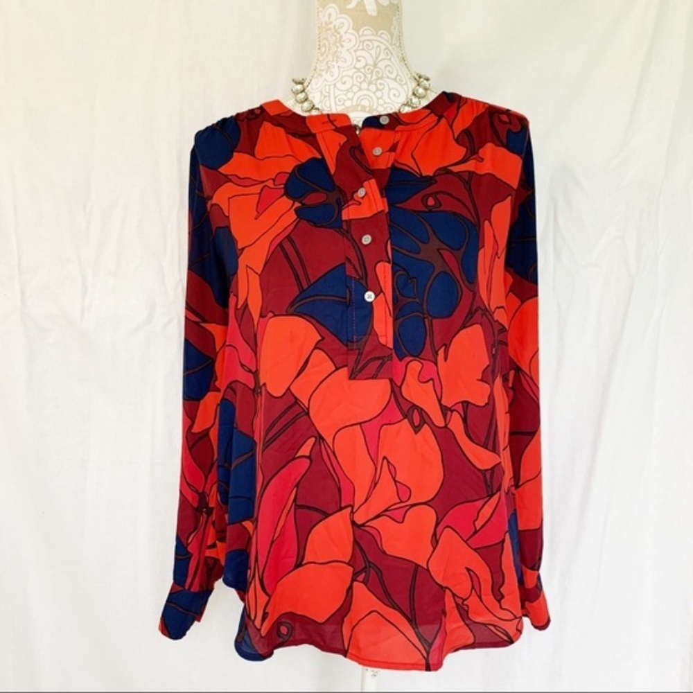 Loft // Red, Purple Palm Print Button Blouse Small z26